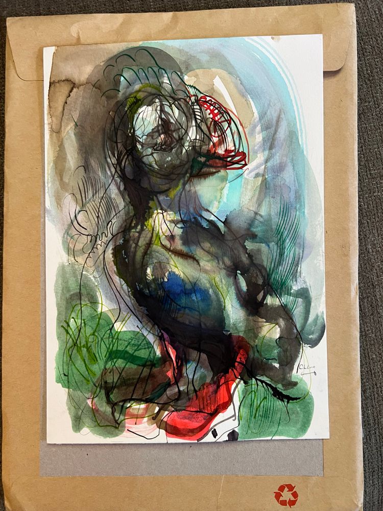 A watercolor and drawn artwork of an abstract puffin. 