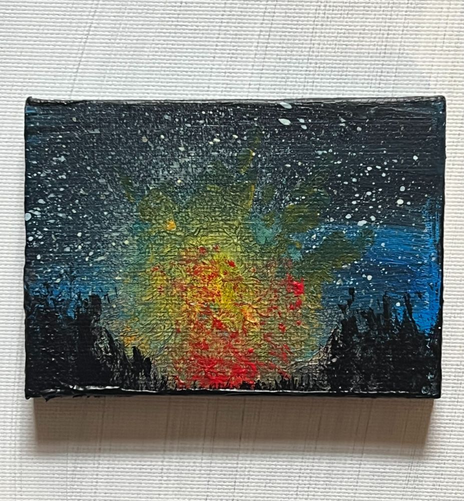 A very small canvas featuring a night sky, a dark forest and a large fire in the middle. 