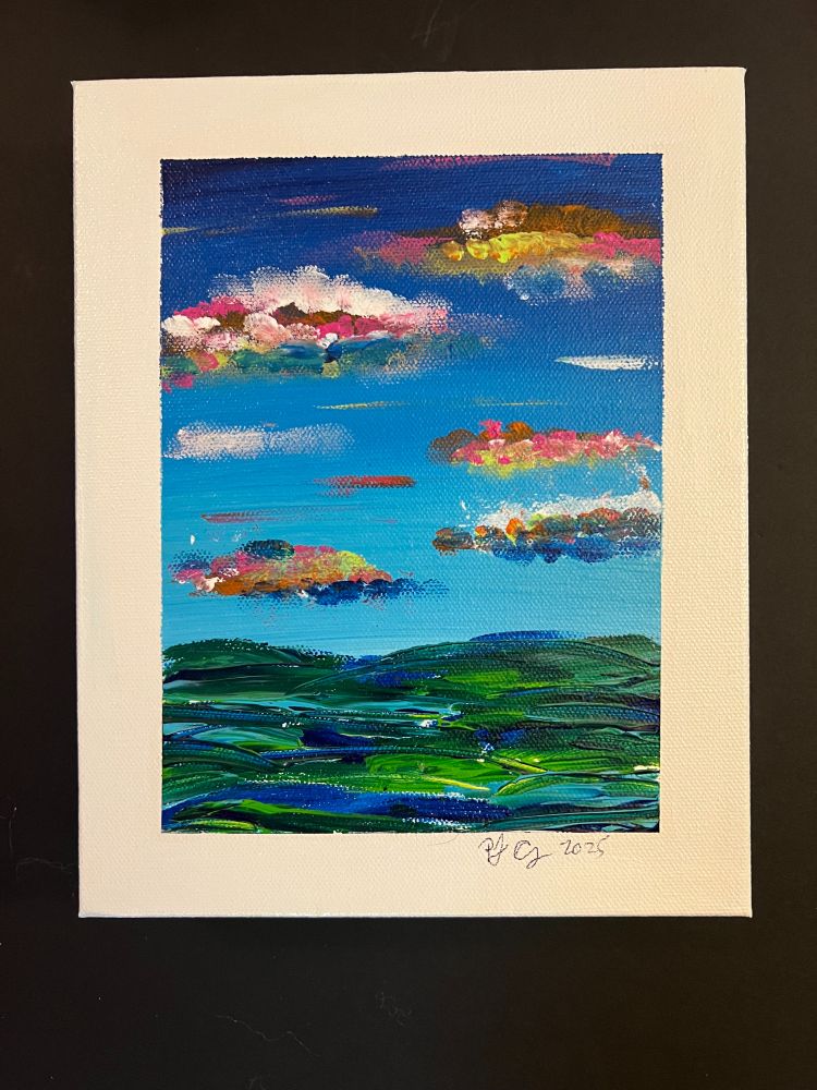 Colorful, abstract painting of clouds hovering over an abstract landscape or water. 