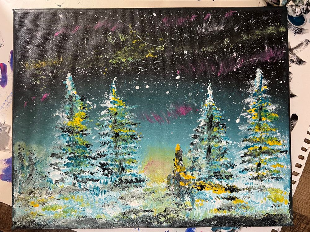 A small painting of pine trees covered in snow.