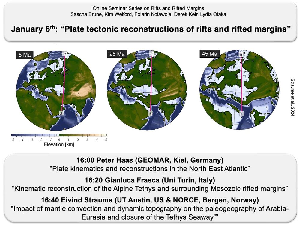 Online Seminar on “Plate tectonic reconstructions of rifts and rifted margins”

16:00 Peter Haas (GEOMAR, Kiel, Germany) 
“Plate kinematics and reconstructions in the North East Atlantic”

16:20 Gianluca Frasca (Uni Turin, Italy)
“Kinematic reconstruction of the Alpine Tethys and surrounding Mesozoic rifted margins”

16:40 Eivind Straume (UT Austin, US & NORCE, Bergen, Norway)
“Impact of mantle convection and dynamic topography on the paleogeography of Arabia-Eurasia and closure of the Tethys Seaway”
