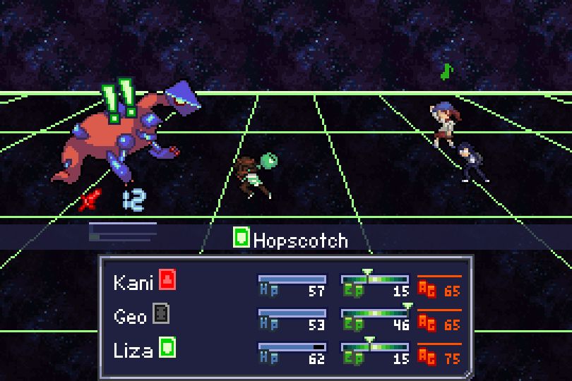 Liza uses Hopscotch on a large enemy, dealing 12 damage!