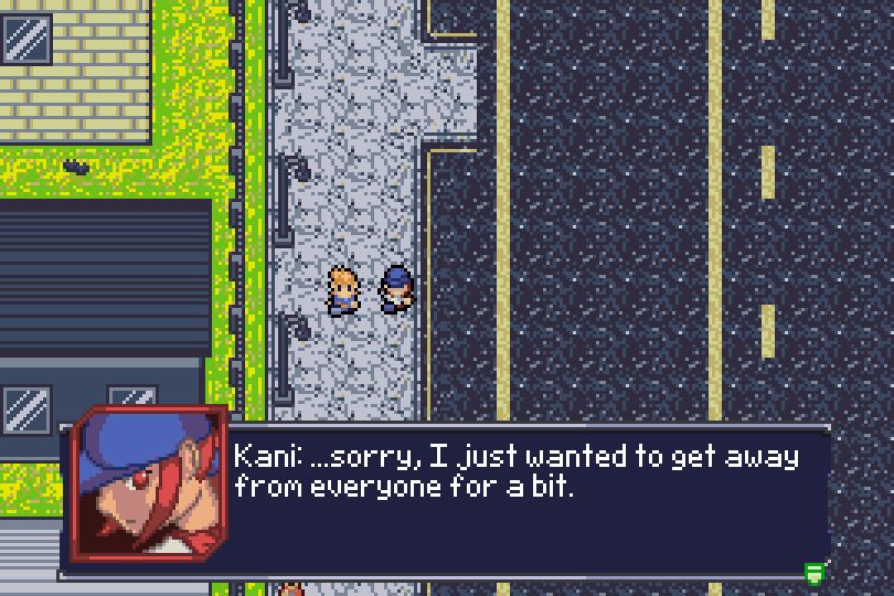 Kani and Pinn walk down the street. Kani says "...Sorry. I just wanted to get away from everyone for a bit."