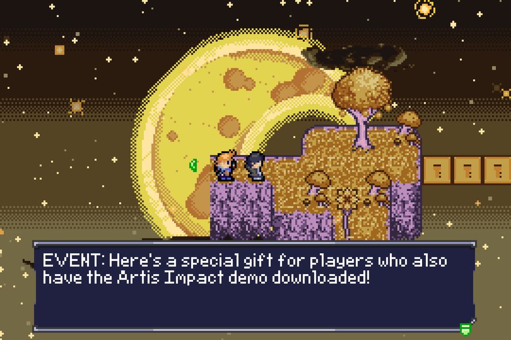 Text reads: "EVENT: Here's a special gift for players who also have the Artis Impact demo downloaded!"