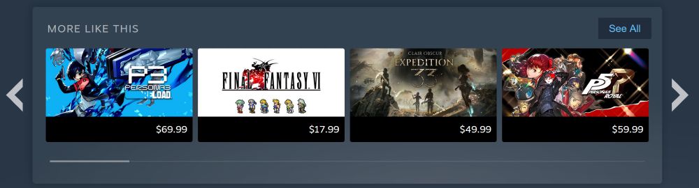Steam's "More Like This" shows Persona 3, Final Fantasy VI, Expedition 33, and Persona 5.
