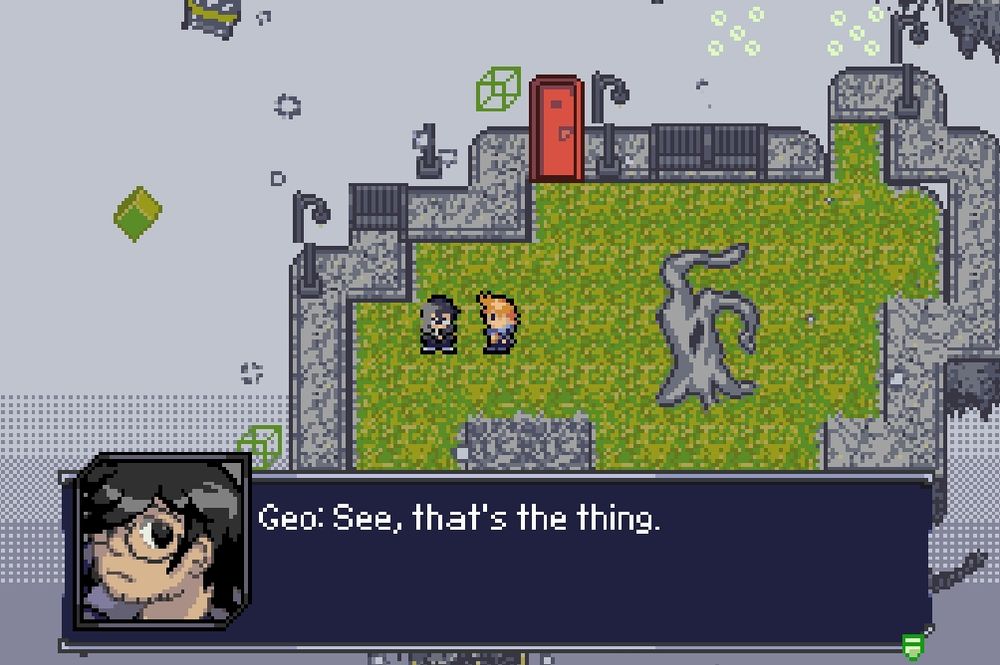 Geo and Pinn stand in Grey Zone. Geo says "See, that's the thing."