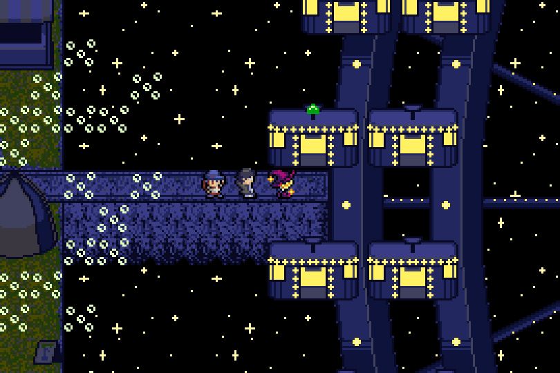 Wink, Geo, and Kani approach a floating ferris wheel.
