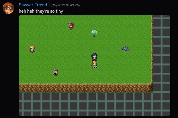 "Heh heh, they're so tiny" showing off the small scale Geo and Pinn sprites.