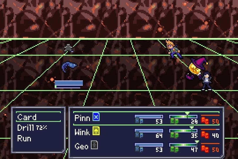 Pinn, Wink, and Geo battle a creature.