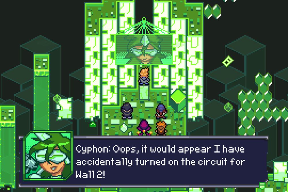 The party confront Cyphon. She says "Oops, it would appear I have accidentally turned on the circuit for Wall 2!
