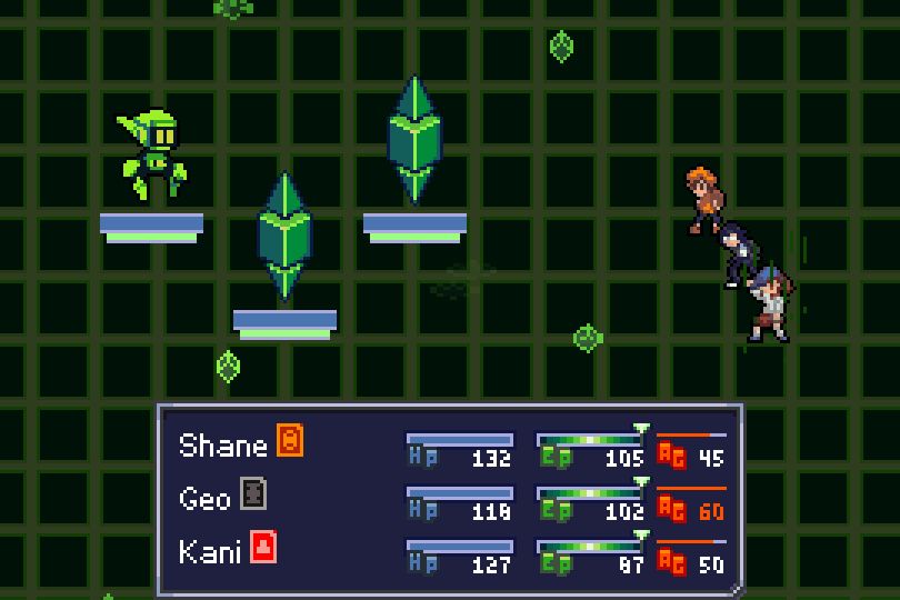The party battles three green monsters.