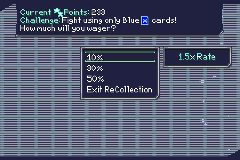 The ReCollection Wager screen, with the challenge asking you only use Blue cards.