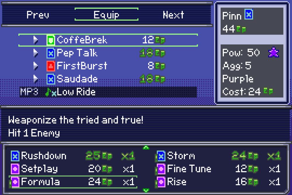 Pinn prepares to equip some cards. He currently has CoffeeBrek, Pep Talk, FirstBurst, and Saudade equipped.