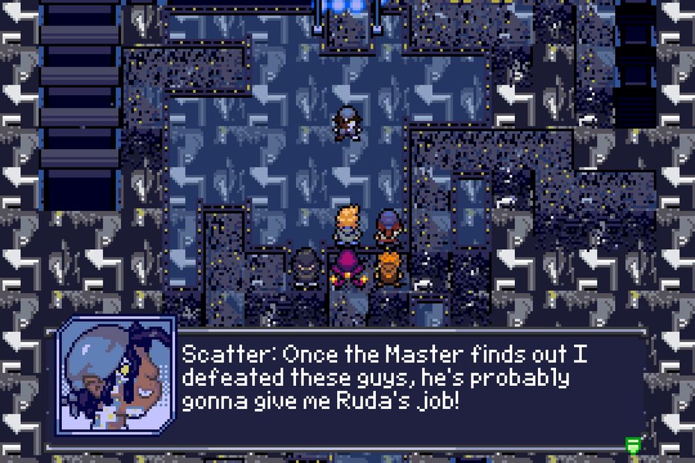 The party confront Scatter. He says "Once the Master finds out I defeated these guys, he's probably gonna give me Ruda's job!"