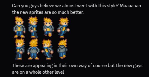 "Can you believe we almost went with this style? Maaaaaan the new sprites are so much better." Displaying Pinn's taller sprite.