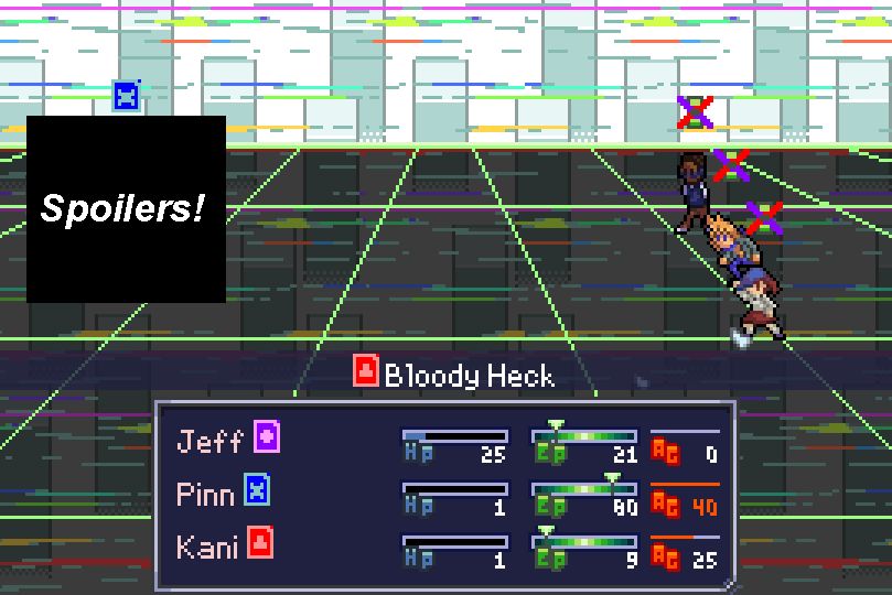 The party battles against a superboss who is covered by a black box labeled "Spoilers!"

Kani prepares to use the skill BloodyHeck against it.