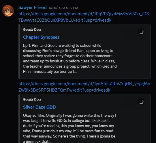 A Discord screenshot with Character Synopses and Silver Daze GDD posted.
