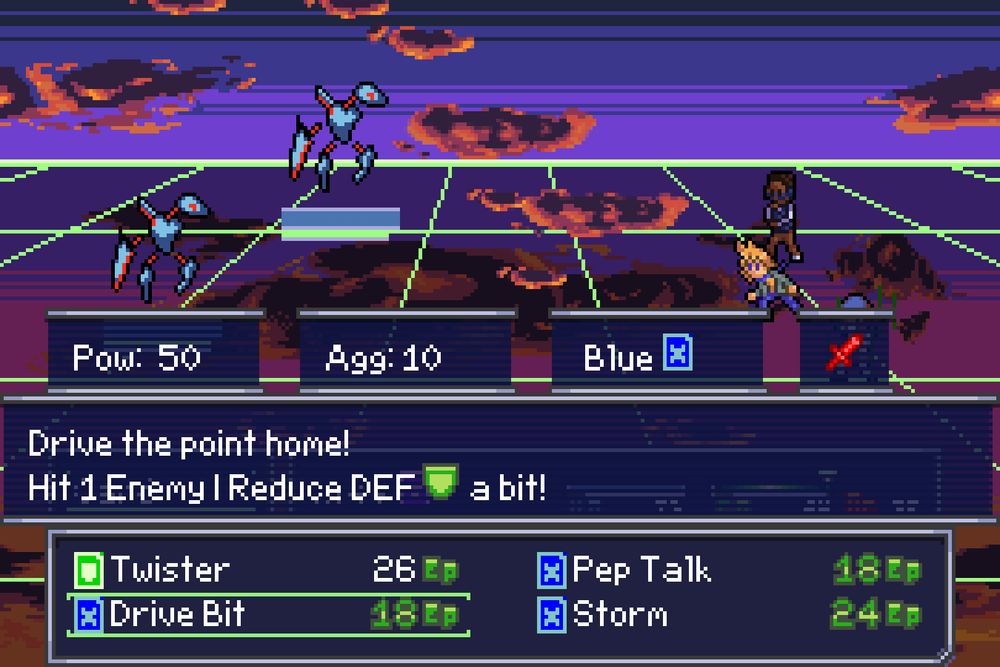 The party battles two Blader enemies. Pinn prepares the skill Drive Bit, which reads "Drive the point home! Hit 1 Enemy | Reduce Def a bit!"