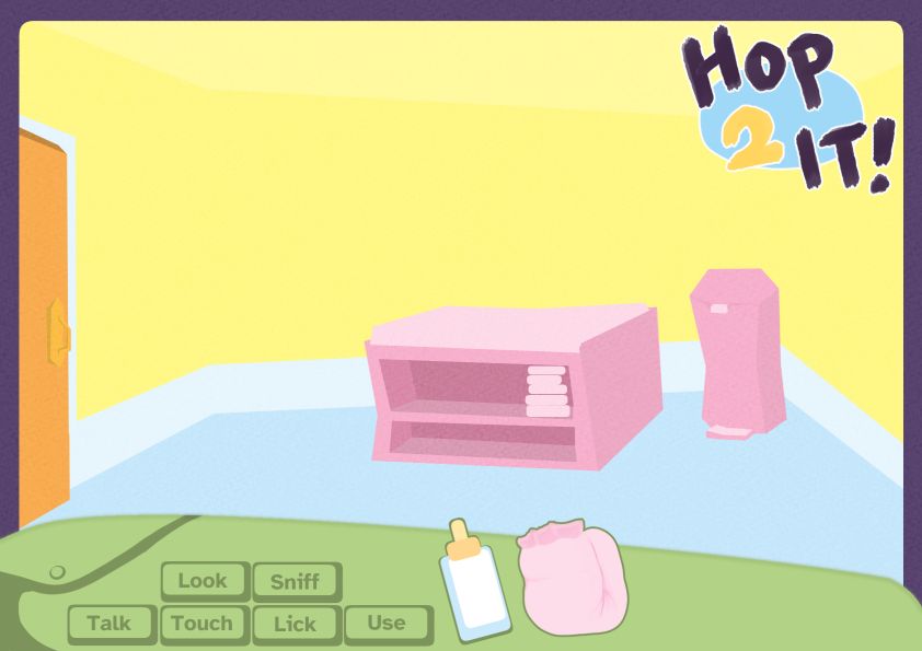 mockup of an adventure game screen, there is a small room with a changing table and diaper pail. Overlayed on the image is UI that has the options: Talk, Look, Touch, Sniff, Lick, and Use. The UI also contains a Baby Bottle, and an Adult Diaper.