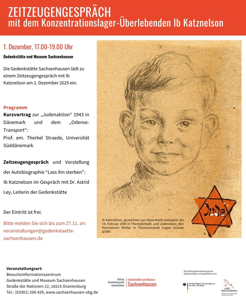 auf dem Bild des Sharepic sieht man eine Zeichnung von Ib Katznelson, gezeichnet von Rose-Marie Gompertz am 19. Februar 1945 in Theresientadt, sowie einen Judenstern, den Katznelsons Mutter in Theresienstadt tragen musste. Daneben stehen Informationen zum Programm des Gesprächs