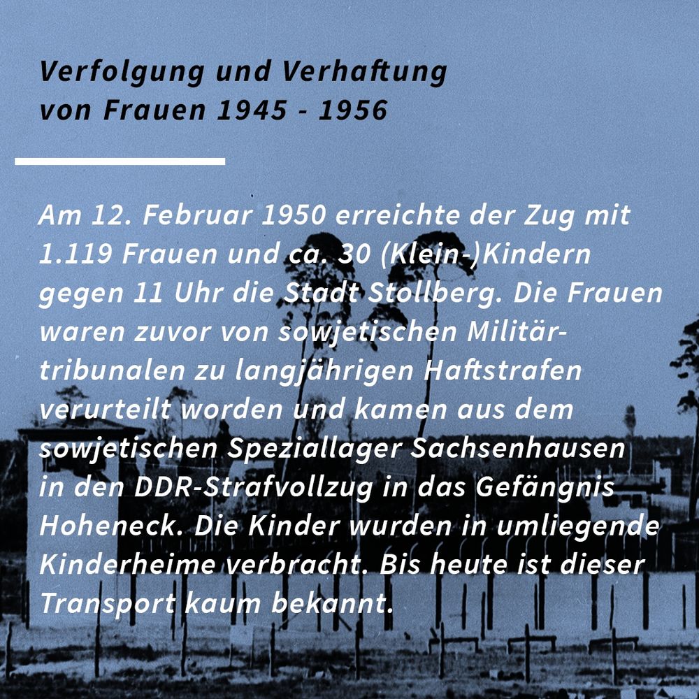Verfolgung und Verhaftung von Frauen 1945-1956

Am 12. Februar 1950 erreichte der Zug mit 1.119 Frauen und ca. 30 (Klein-)Kindern gegen 11 Uhr die Stadt Stollberg. Die Frauen waren zuvor von sowjetischen Militärtribunalen zu langjährigen Haftstrafen verurteilt worden und kamen aus dem sowjetischen Speziallager Sachsenhausen in den DDR-Strafvollzug in das Gefängnis Hoheneck. Die Kinder wurden in umliegende Kinderheime verbracht. Bis heute ist dieser Transport kaum bekannt.