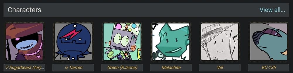 roster of various sonas and O C's for artfight