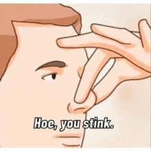 "Hoe, you stink". Meme with cartoon white man holding nose. 