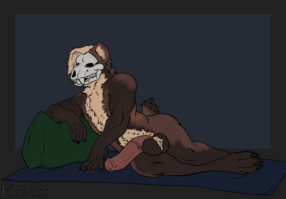 A muscular and frankly voluptuous skulled hyena, whose fur colours and markings resemble that of a marten, lying on his side on a blanket or towel or some such. He's propping himself up on his right arm, on a pillow resting on the towel/blanket/thing, and his left hand is on the towel/blanket/thing in front of him, fingers splayed a little as he puts a little weight on it. Between his THICC thighs are squeezed his balls, placed plumply below his giant fuckin horsecock, which is semi erect and flopped heavily over his right thigh, the tip of it is resting on the towel/blanket/thing. Y'all, this boye is a FEAST.