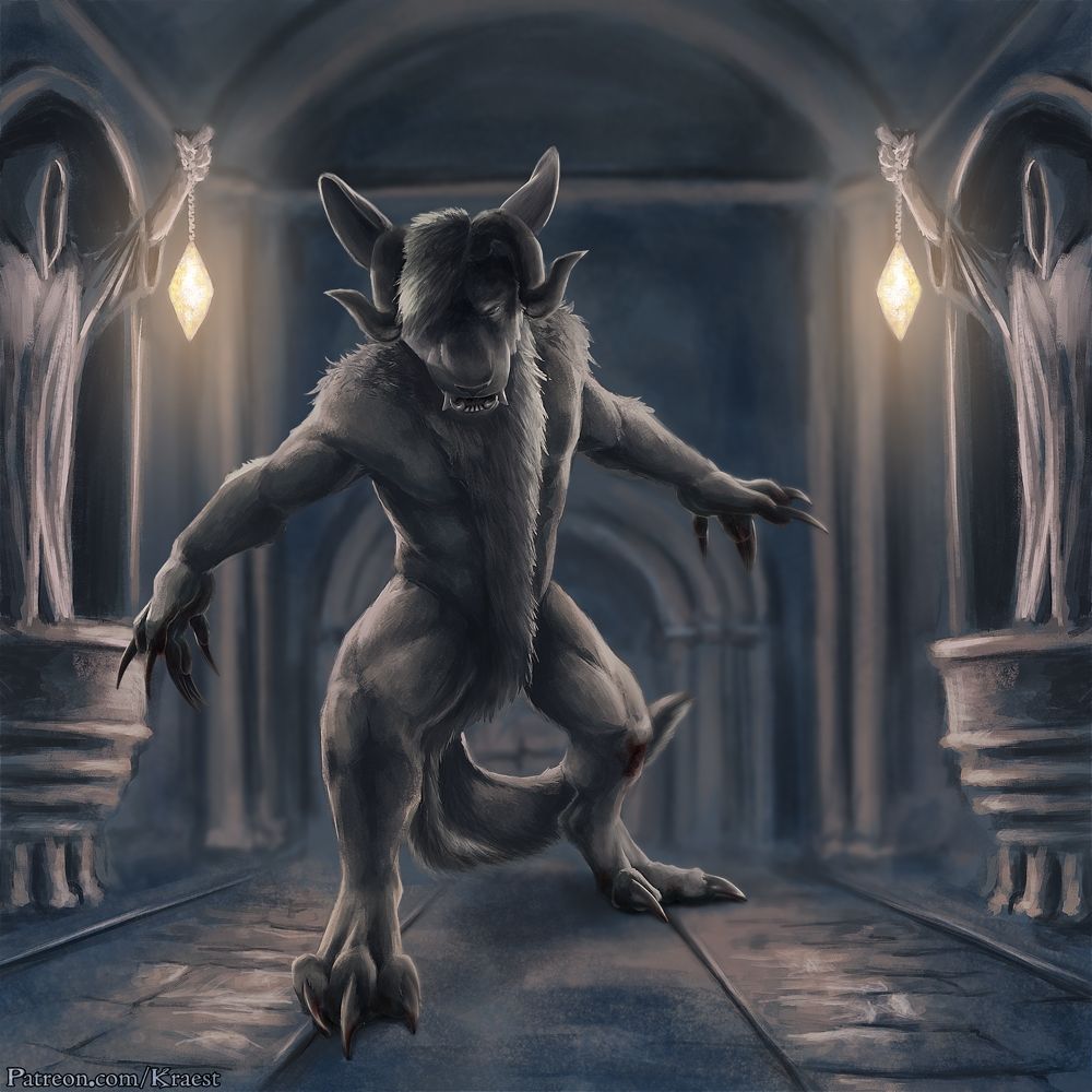 A horned demon kangaroo in a hallway made of stone, with stone figures along the walls, holding up lanterns. 