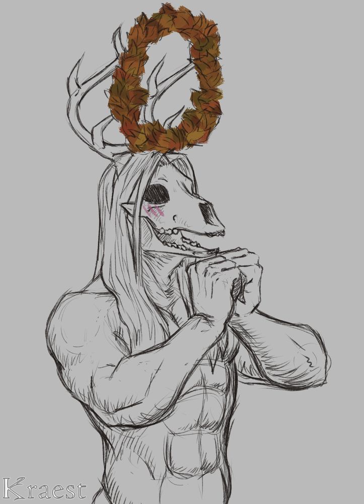 An anthro deer with a skull face, looking extremely excited and a little shy about having a wreath of autumn leaves on his antlers. His hands are held together in front of his chest and he looks very happy indeed
