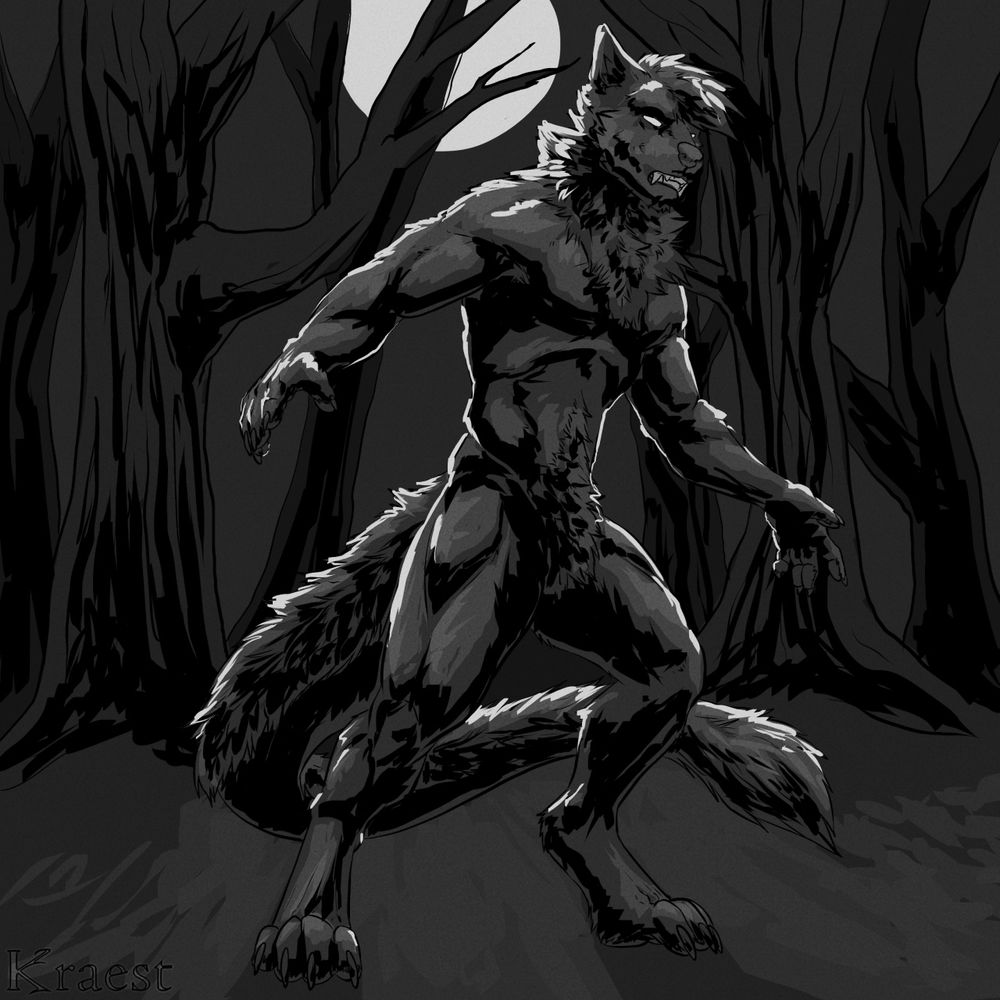 A very fluffy vaguely canid demon with a long and very fluffy tail in the woods at night. He's rather towering and rather backlit by the moon, and he looks a bit like you're the one he was looking for.