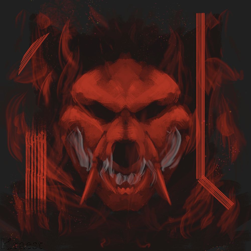 a monochrome red portrait of a skulldog with wisps of fire and smoke around him, and a few abstract strokes around him