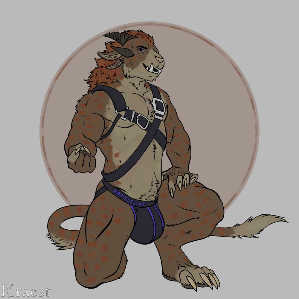 A charr (an anthro big cat with two sets of ears and two sets of horns), kneeling on one knee and gesturing toward the viewer to come closer. His left hand is resting on his left thigh, which looks quite meaty indeed, and he has a smouldering expression on his face that says "come hither". He's also wearing only a jock with the word "battlecat" emblazoned on the waistband, and a leather harness that looks like it's made of a bunch of mismatched leather straps. You should go say hi.