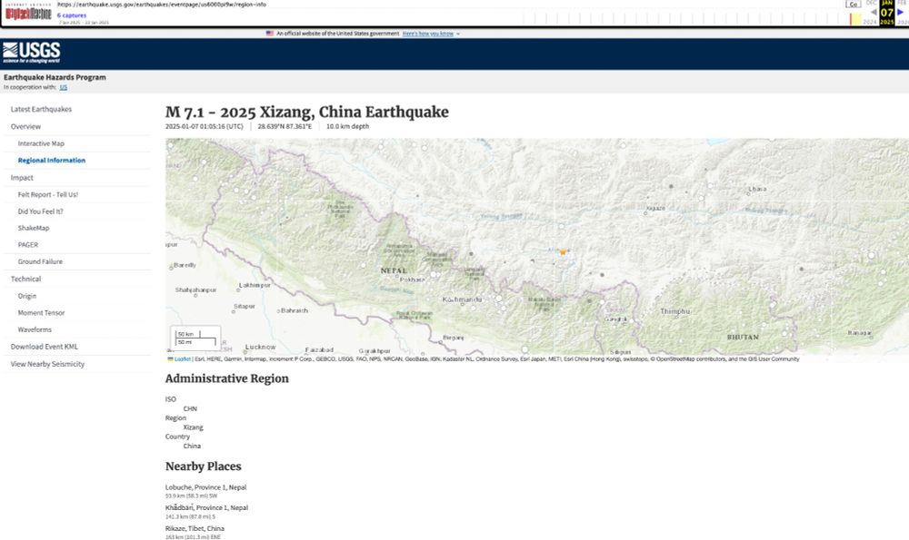 USGS site (7 Jan 2025) with an earthquake information page titled 'M 7.1 - 2025 Xizang, China Earthquake'. 'Xizang' also appears below a map as the 'region'.