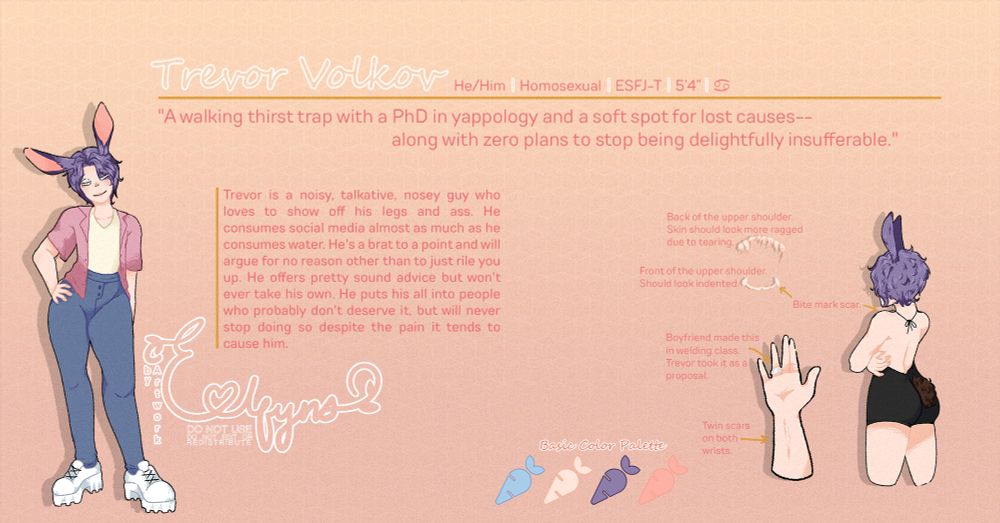 An illustrated character sheet featuring a lavender-haired character with rabbit ears, wearing a pink and white top and high-waisted pants. Text describes the character, Trevor Volkov, who is talkative and noisy, with a preference for social media and argumentative behavior. Additional notes highlight visual features like jewelry, naturally brown tail, and scars. The tone is playful and humorous.