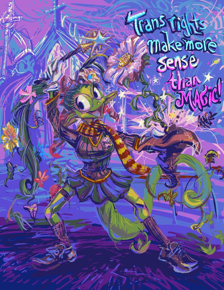 corny anthropomorphic plant being  with stereotypically female attributes wearing a boarding school uniform made for a smaller person, holding a brown pointy hat with one hand a star-shape-ended magic wand in the other hand, gesturing as if magically pulling a large flower out of the hat, beside text stating "Trans rights make more sense than Magic!"  the background attempted to imply a church-type-location without any proper reference usage