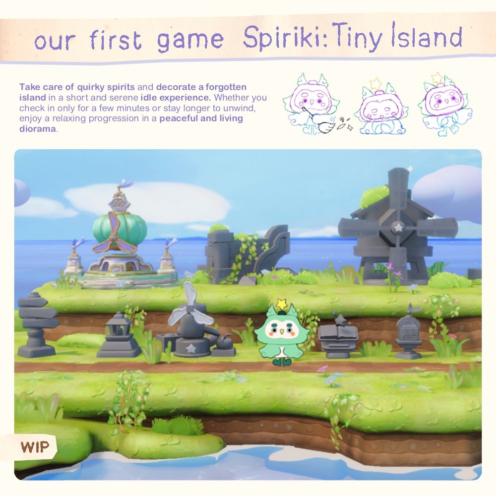 This slide presents our first game Spriki: Tiny Island.
There is the game pitch, three rough sprites of our wind spirit and a screenshot of how the game is looking at the moment. A magical owl surrounded by a very green island with a few 3D props on it : a direction sign, a lamp, a magical book, a broken arch and a floating magical altar.