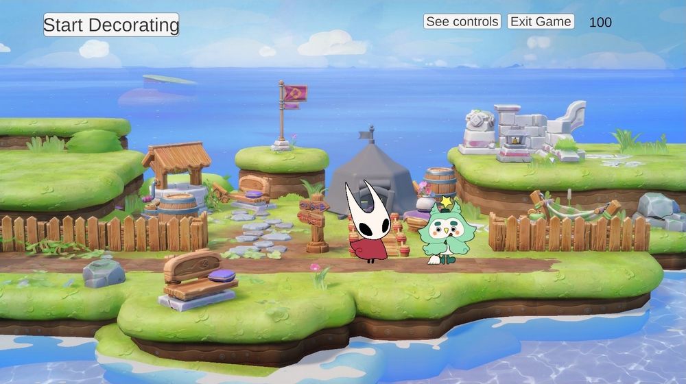 A screenshot of our game Spiriki: Tiny Island. Next to our wind spirit there is Hornet from Silksong in the style of the game