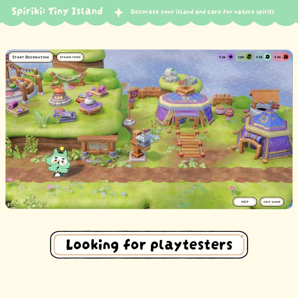 A visual with a screenshot of our game Spiriki: Tiny Island. "Looking for playtesters" is written under the screenshot.
