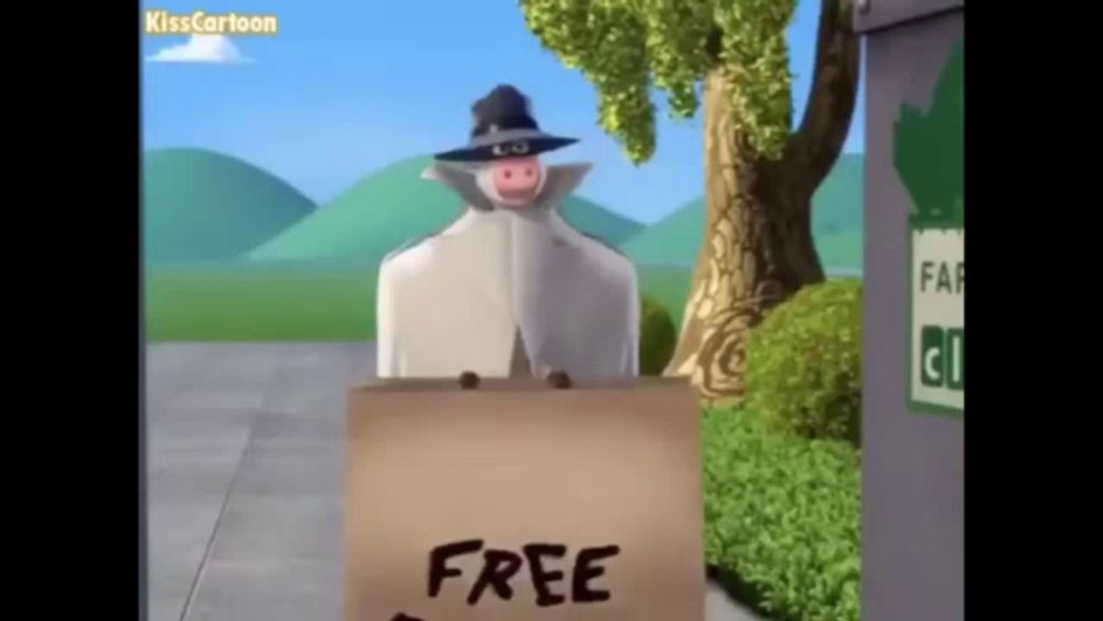 a cartoon character is holding a cardboard sign that says free