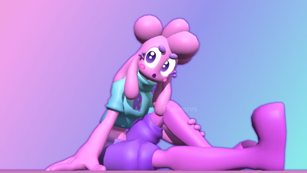 my oc jamjam as a 3d model, in a sitting down pose