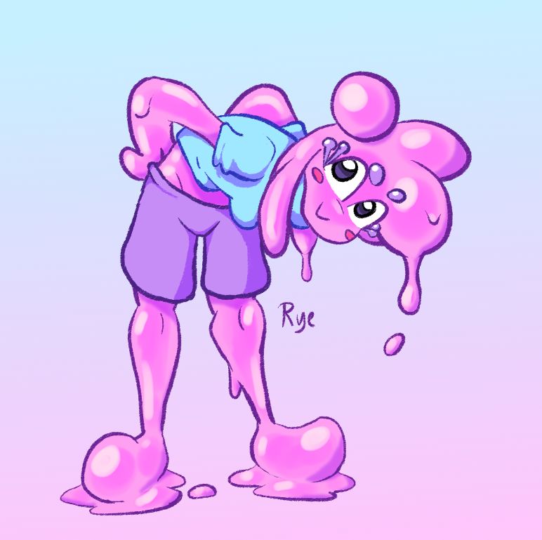 my slime girl oc jamjam standing still with her upper body bent forwards, looking at the camera and holding her hands behind her back