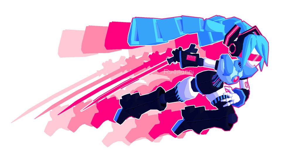 robot hatsune miku holding a sword and in a sort of a dashing pose