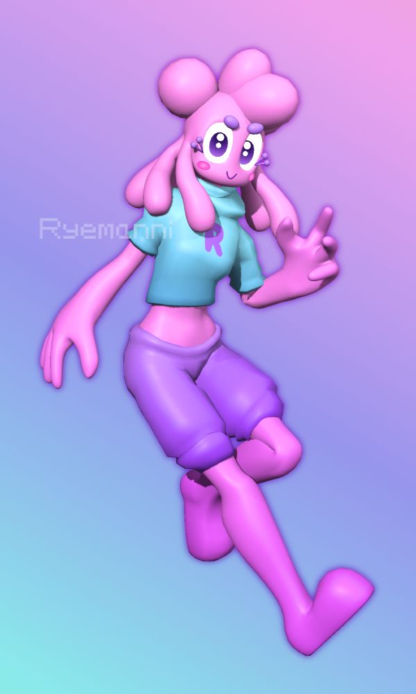 my oc jamjam as a 3d model, doing a funny pose