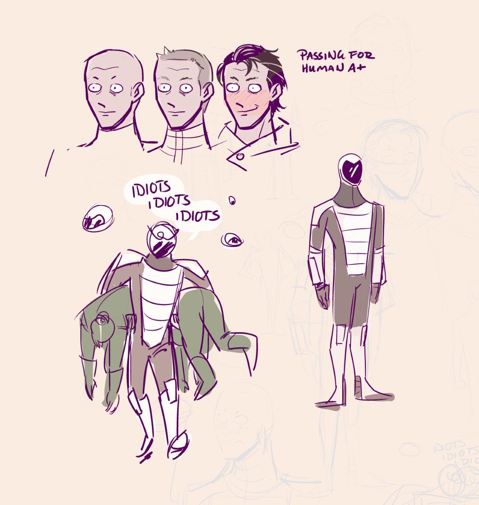 extremely sketchy barely legible fanart of murderbot. Some face drawings of default (bald) murderbot then murderbot with hair grown in, trying to pass for human and looking awkward. one sketch of murderbbot carrying two humans and surrounded by its drones muttering 'idiots idiots idiots'. One sketch of murderbot just standing there. 