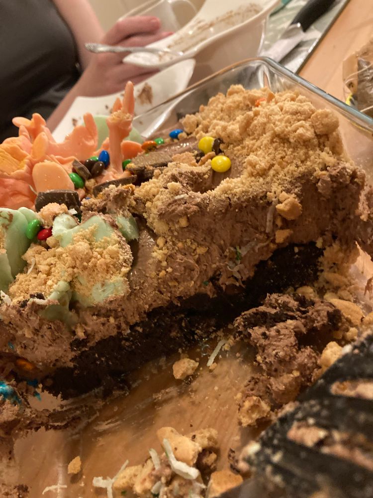 Messy cross section of the cake showing the base part is very dark cake 