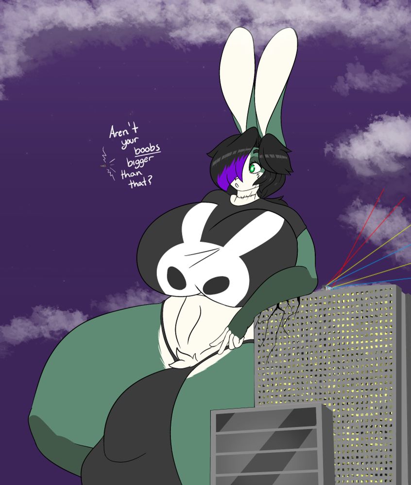 Sock looming over a rooftop party, compressed down to a size to talk and mingle with everyone without obliterating the city~