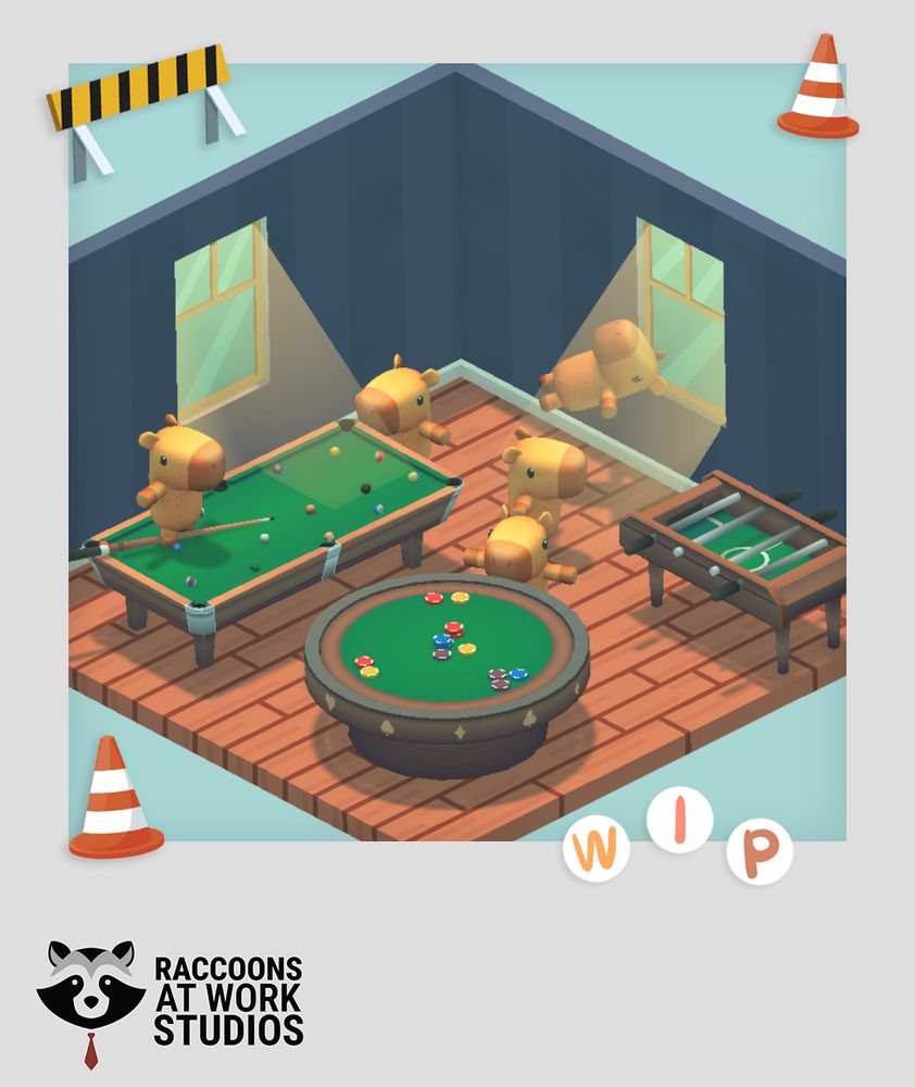 Isometric 3D-rendered scene of a game room featuring a pool table, a round poker table, and a foosball table. Small, stylized capybara characters are scattered around in a T-pose. The scene includes playful construction elements such as traffic cones and caution tape, reinforcing the 'Work in Progress' (WIP) theme. The Raccoons At Work Studios logo is displayed at the bottom