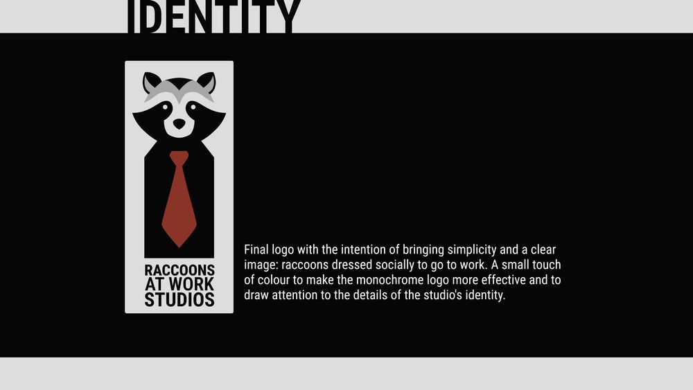 Image presenting the visual identity of Raccoons At Work Studios. The logo features a stylized raccoon wearing a red tie, symbolizing the studio's theme. The description beside it highlights the intention to convey simplicity and clarity, with a touch of color to emphasize the details of the brand's identity.
