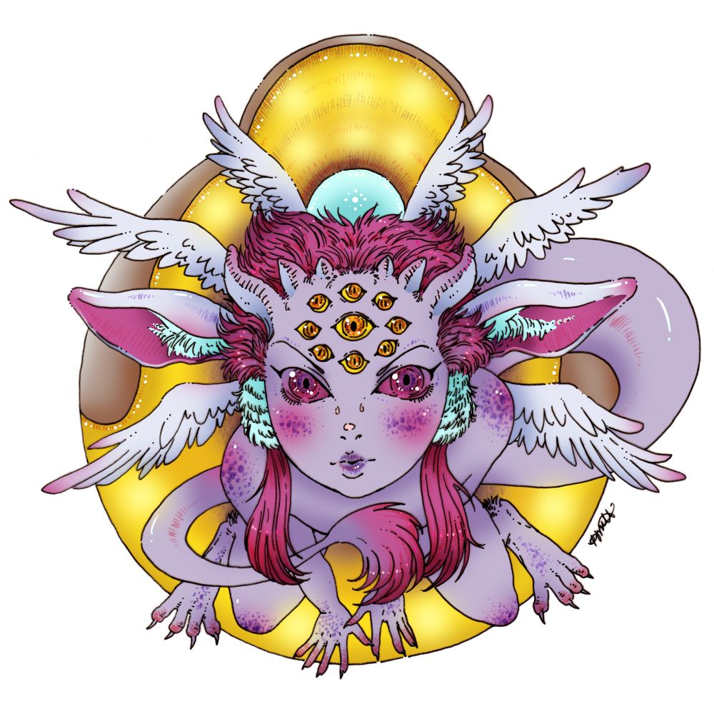 A fantasy creature in ink and digital color.  It's a slight/femme demon/imp-like character with freckled, lilac skin and lots of wings, horns, and eyes, on a circular yellow background with a chunky tail and monster feet.